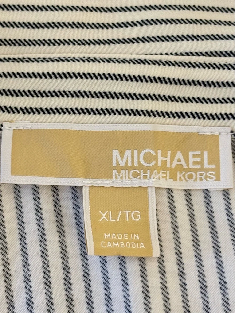 Michael Kors Cream Black Pinstripe Button-Up Shirt XL Gold Details Quiet Luxury